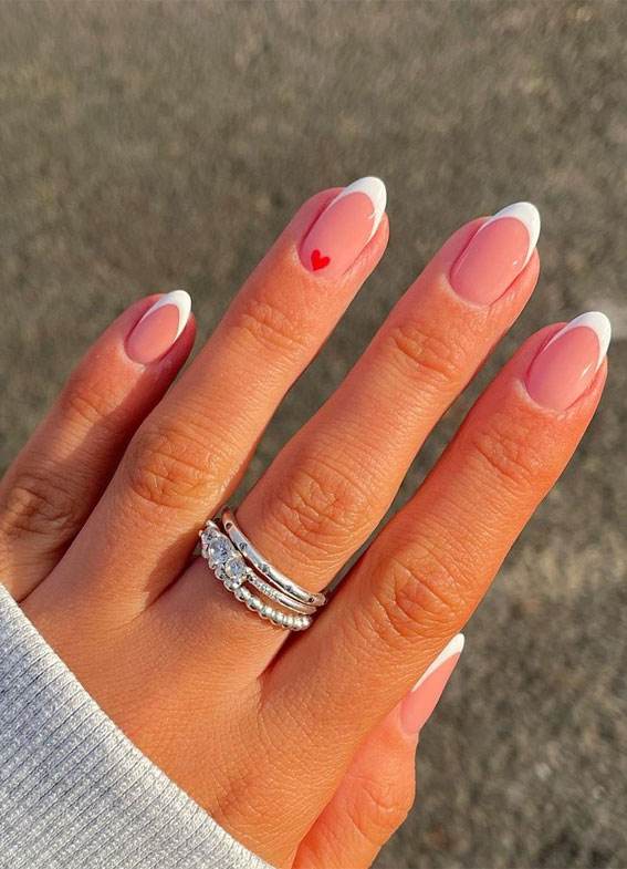 35 Best Valentine’s Day Nail Designs in 2023 : Classic French Tips with Heart