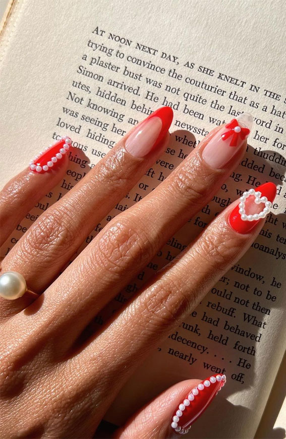 35 Best Valentine’s Day Nail Designs in 2023 : Red & Pearls