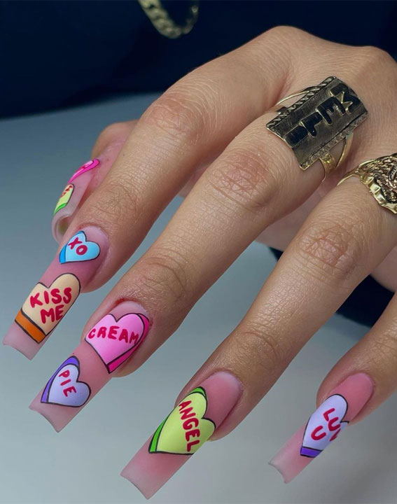 35 Best Valentine’s Day Nail Designs in 2023 : Candy Heart Ombre Pink Nails