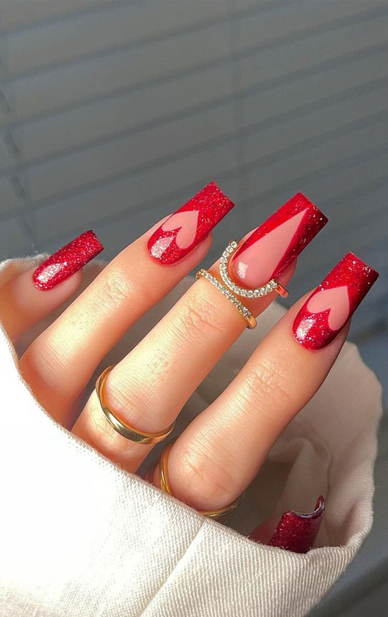 35 Best Valentine’s Day Nail Designs in 2023 : Pink Heart Red Shimmery Nails