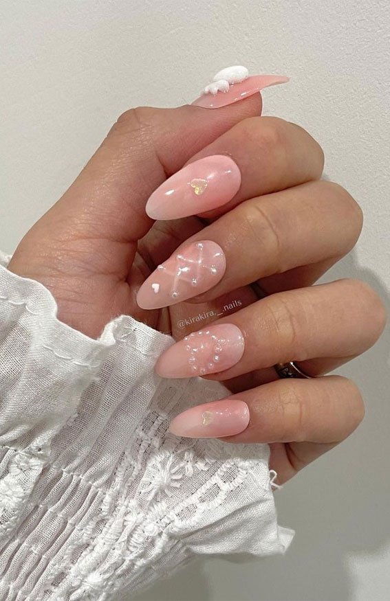35 Best Valentine’s Day Nail Designs in 2023 : Pearl Heart Nude Nails