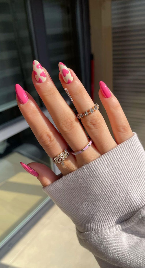 35 Best Valentine’s Day Nail Designs in 2023 : Pink Heart Nude Nails