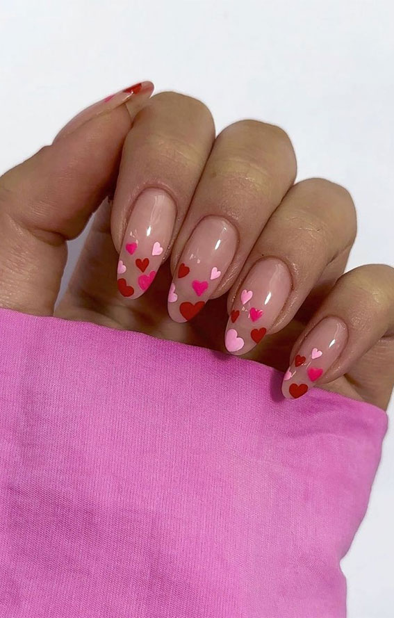 35 Best Valentine’s Day Nail Designs in 2023 : Mixed Pink & Red Heart Tips