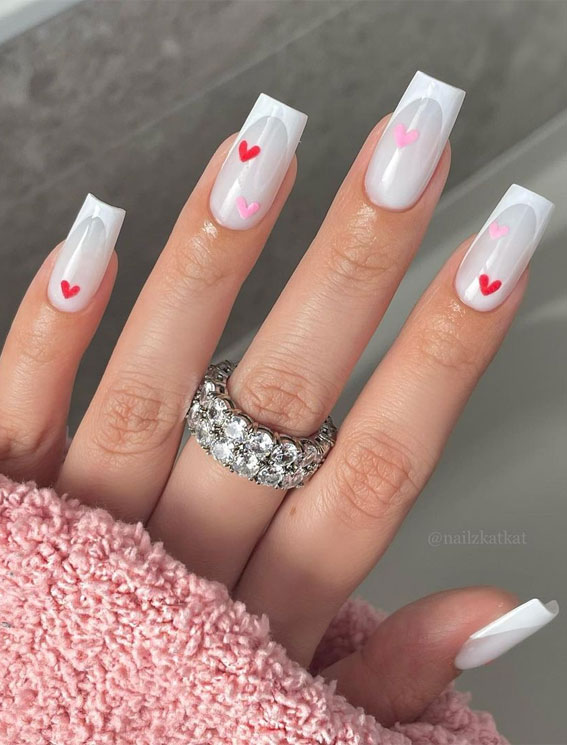 30 Lovely Valentines Nails in 2023 : Milky French Tips with Red Hearts