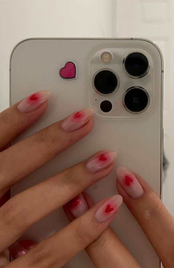 30 Lovely Valentines Nails in 2023 : Sheer Nails with Red Heart