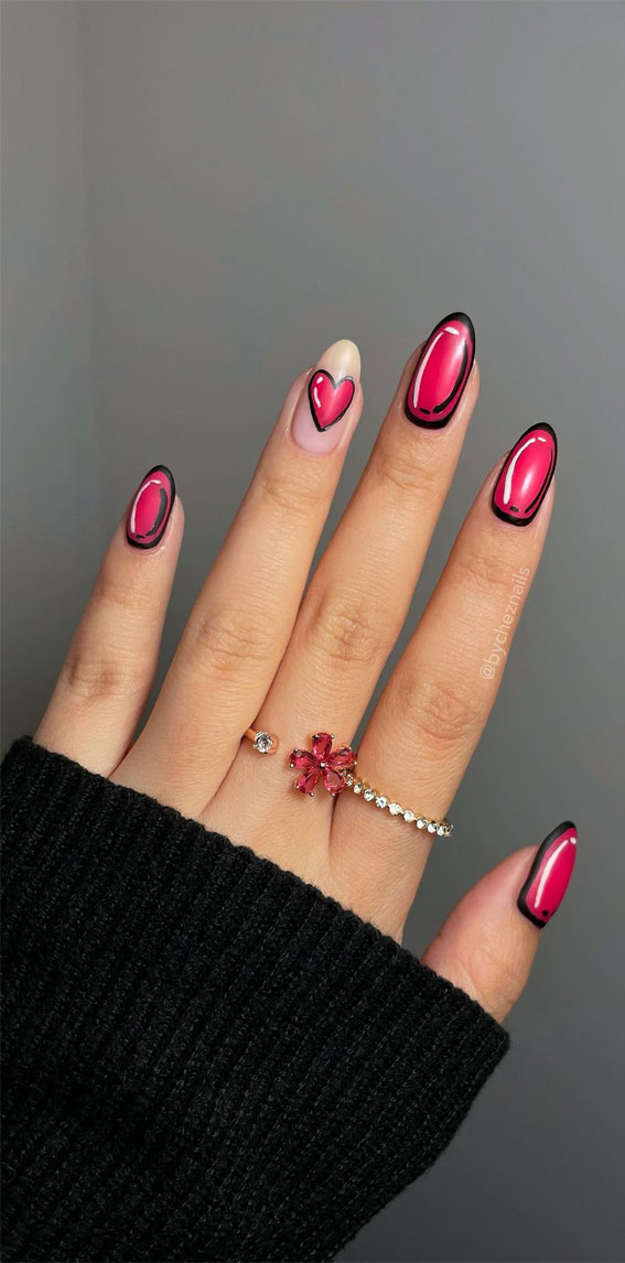 30 Lovely Valentines Nails in 2023 : Pink Comic Nails with Pink Love Heart