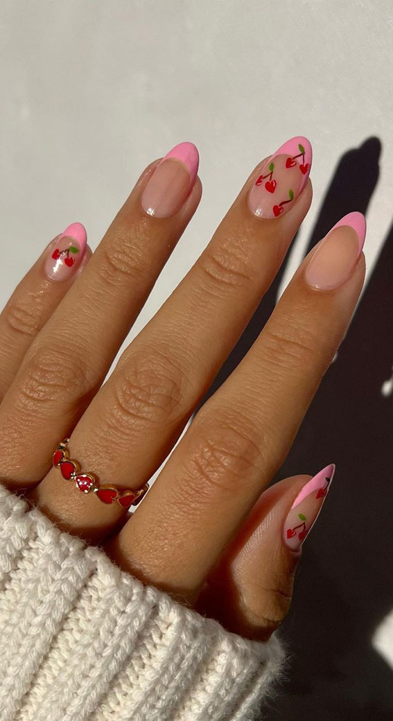 30 Lovely Valentines Nails in 2023 : Cherry Heart Pink French Tips