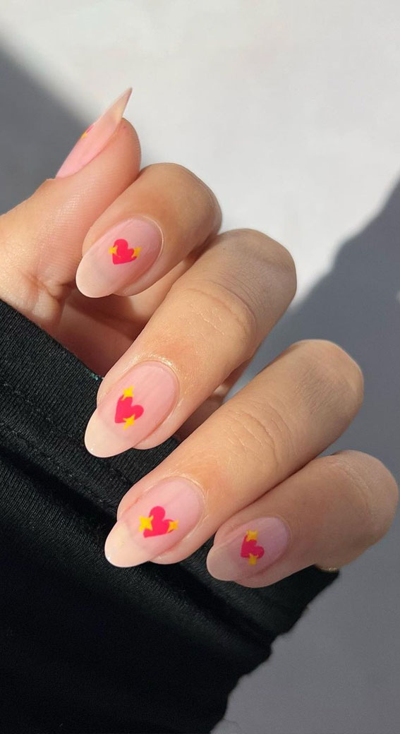 30 Lovely Valentines Nails in 2023 : Pink Heart Natural Nails