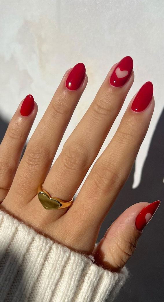 30 Lovely Valentines Nails in 2023 : Red Nails with Cut Out Heart