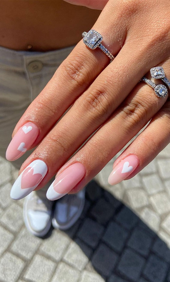 30 Lovely Valentines Nails in 2023 : Natural Almond Nails with White Heart