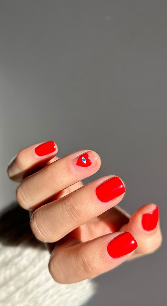 30 Lovely Valentines Nails in 2023 : Simple Red Short Nails with Red Comme De Gracon