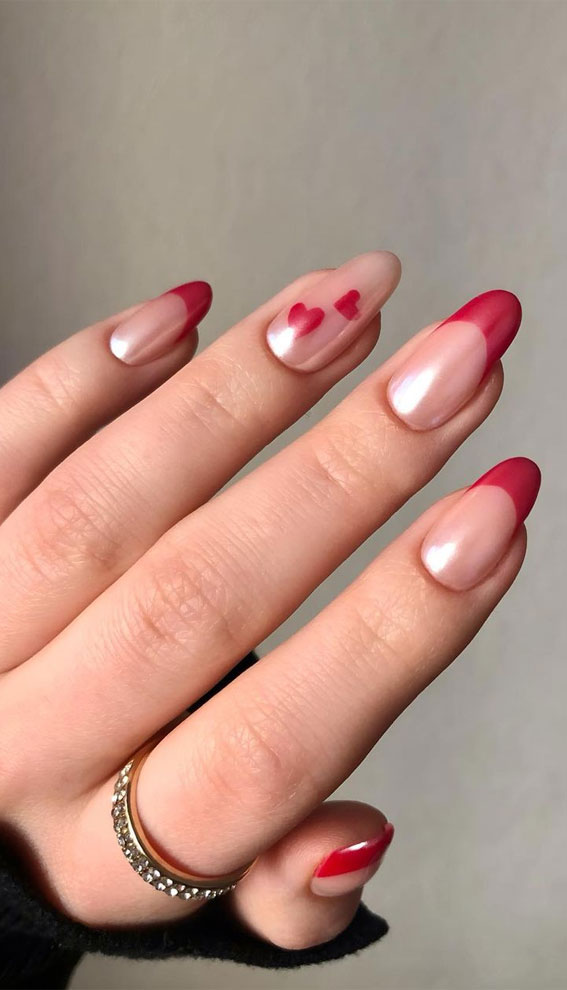 30 Lovely Valentines Nails in 2023 : Pearl Nails with Red Tips + Hearts