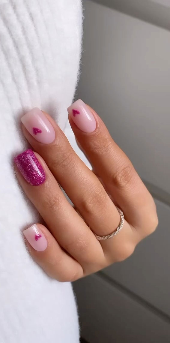 30 Lovely Valentines Nails in 2023 : Shimmery Magenta + Natural Nails