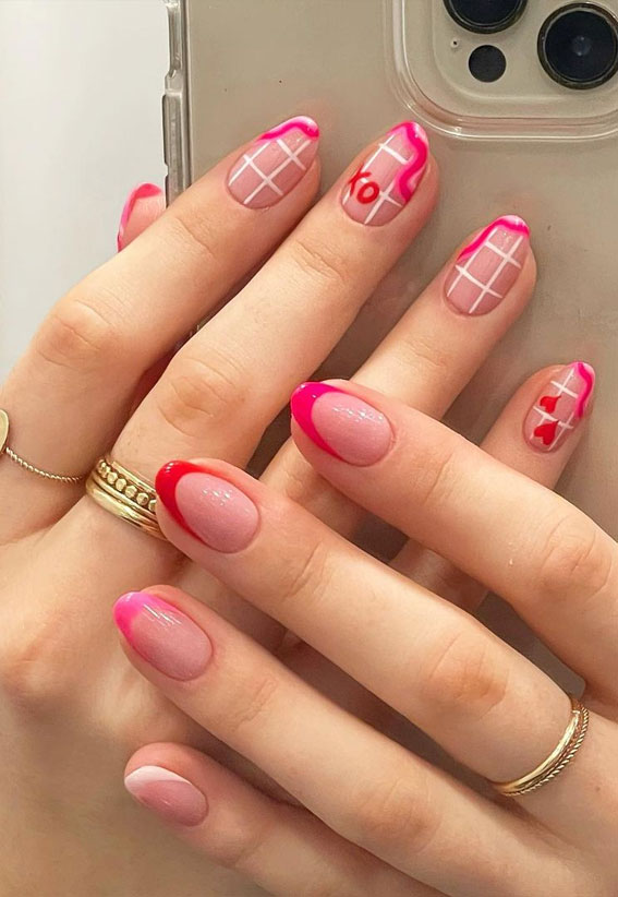 30 Lovely Valentines Nails in 2023 : Gradient Pink French Tips with XO