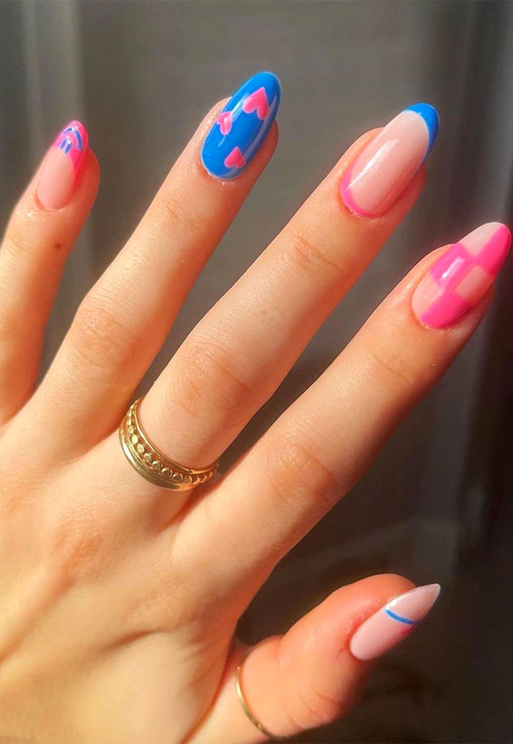 30 Lovely Valentines Nails in 2023 : Pink Checker Board + Blue Nails