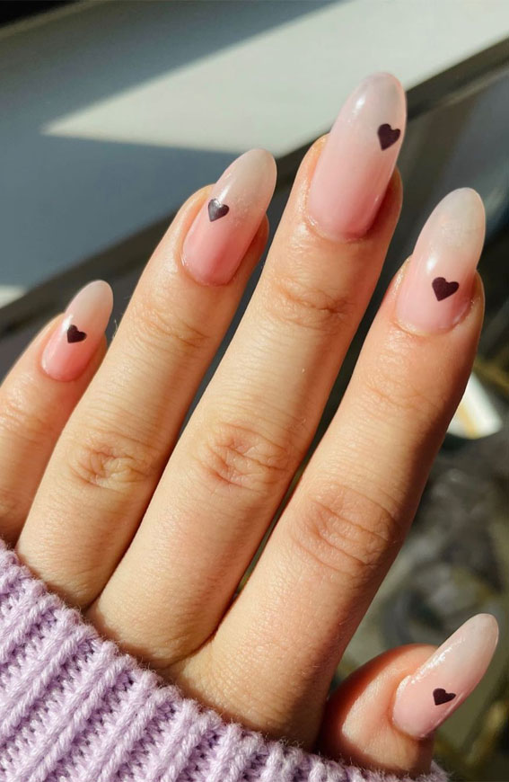 30 Lovely Valentines Nails in 2023 : Brown Heart Sheer Nails