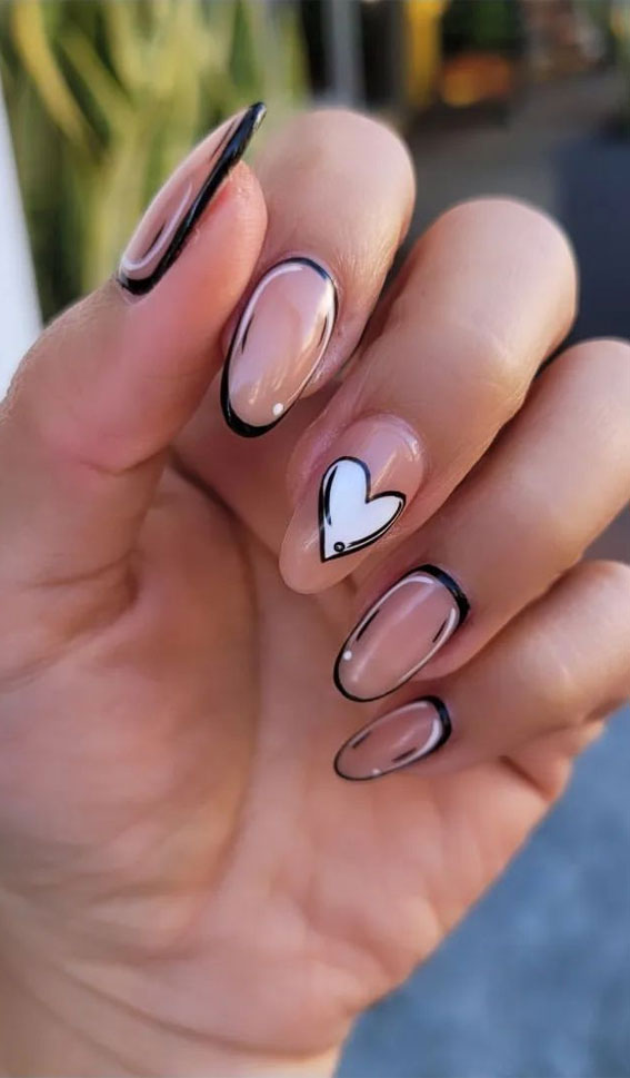 30 Lovely Valentines Nails in 2023 : Nude Comic Nails with Heart