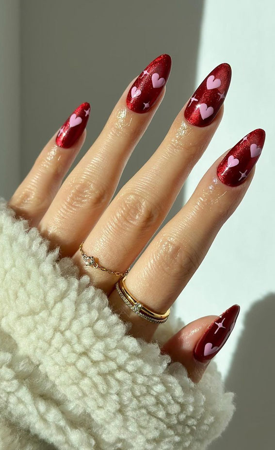 30 Lovely Valentines Nails in 2023 : Pink Heart Shimmery Red Nails