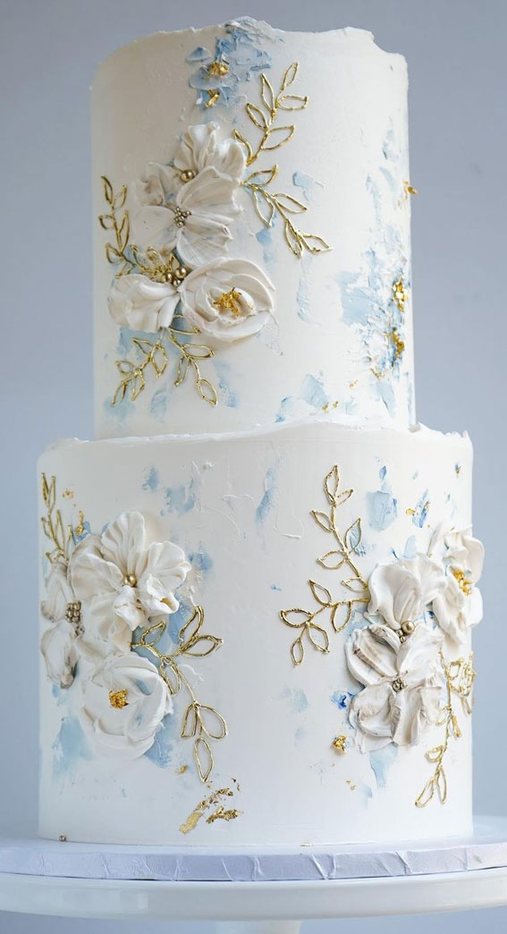 40 Beautiful Wedding Cake Trends 2023 : White Cake with Touch of Blue & Gold
