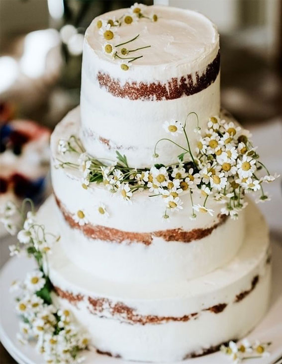40 Beautiful Wedding Cake Trends 2023 : Semi-Naked Wedding Cake Adorned with Daisies