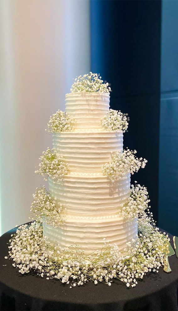 40 Beautiful Wedding Cake Trends 2023 : White Three Tiers + Baby’s Breath