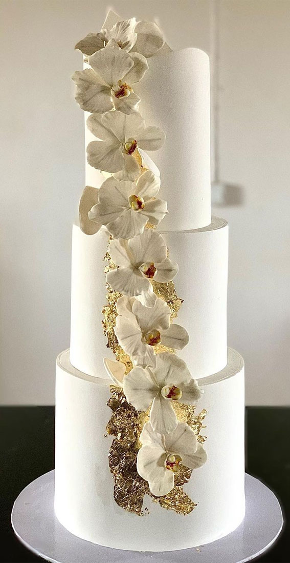 40 Beautiful Wedding Cake Trends 2023 : Simple White Cake with Cascading Orchid