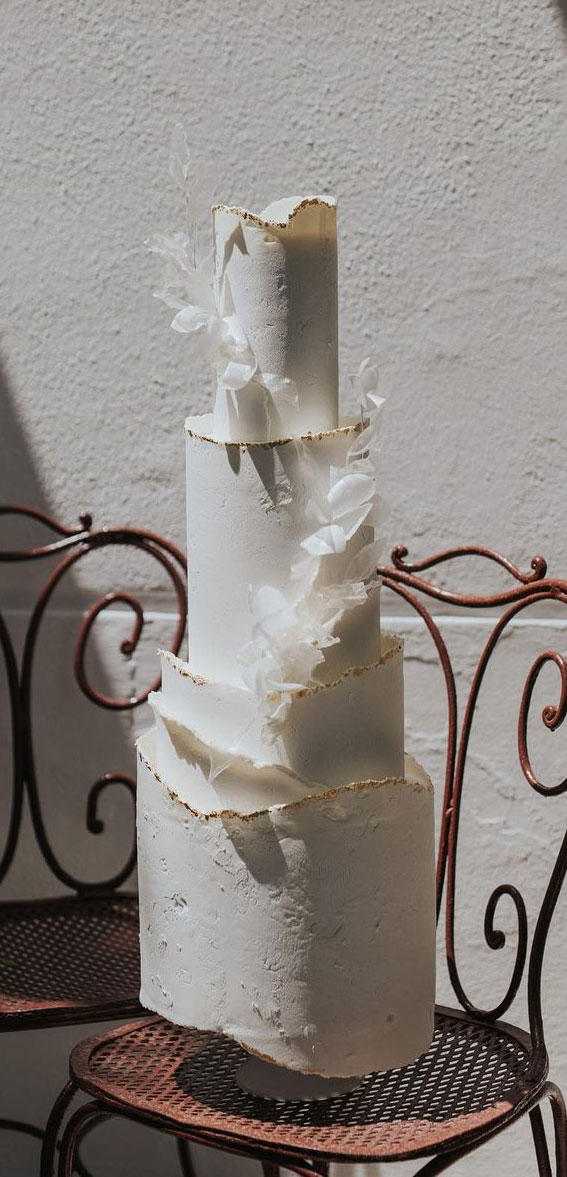 40 Beautiful Wedding Cake Trends 2023 : Textured White Cake with Gold Trims