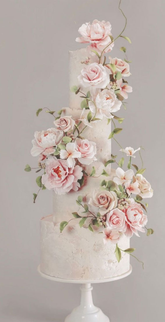 40 Beautiful Wedding Cake Trends 2023 : Rustic Stone + Blousy Whimsical Sugar Blooms