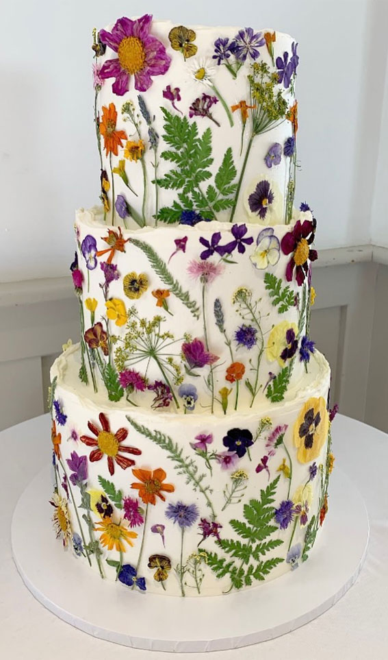 40 Beautiful Wedding Cake Trends 2023 : Colourful Edible Flower Three-Tiered Cake