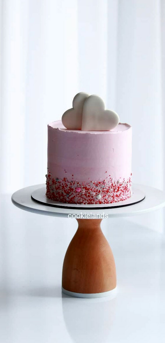 55+ Cute Cake Ideas For Your Next Party : Pink Cake + Sprinkles + Two Hearts