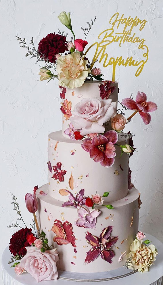 55+ Cute Cake Ideas For Your Next Party : Floral Theme 3 Tier Birthday Cake