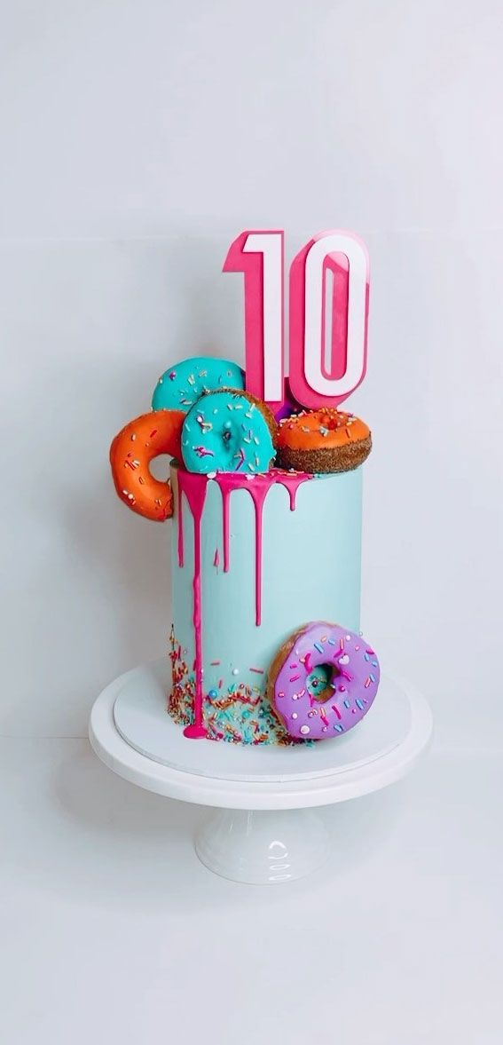 55+ Cute Cake Ideas For Your Next Party : Ten Birthday Cake Topped with Donuts