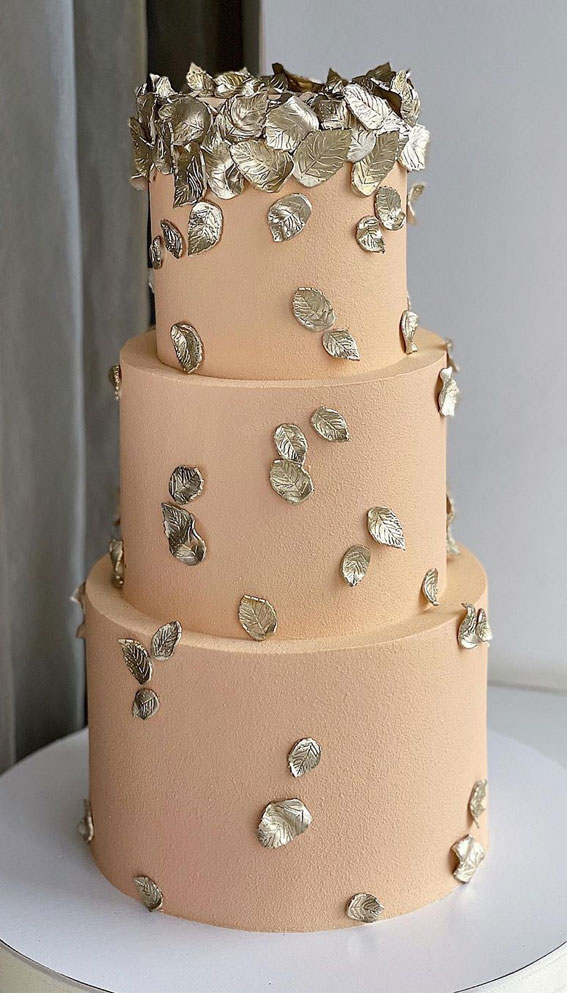 55+ Cute Cake Ideas For Your Next Party :  Gold Leaf Neutral Three-Tiered Cake
