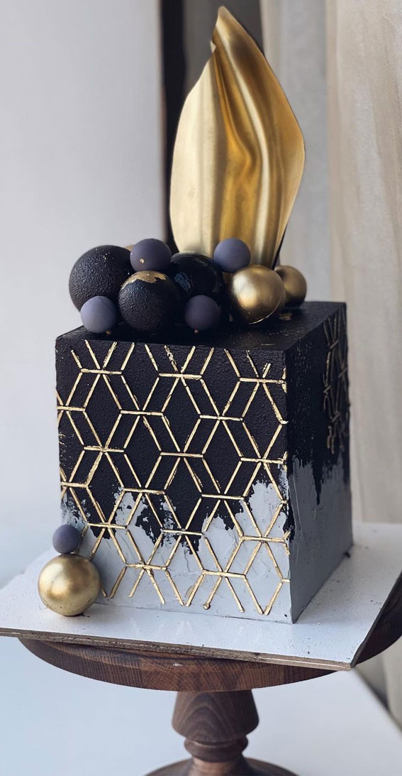 55+ Cute Cake Ideas For Your Next Party : Black,Gold & White Square Cake