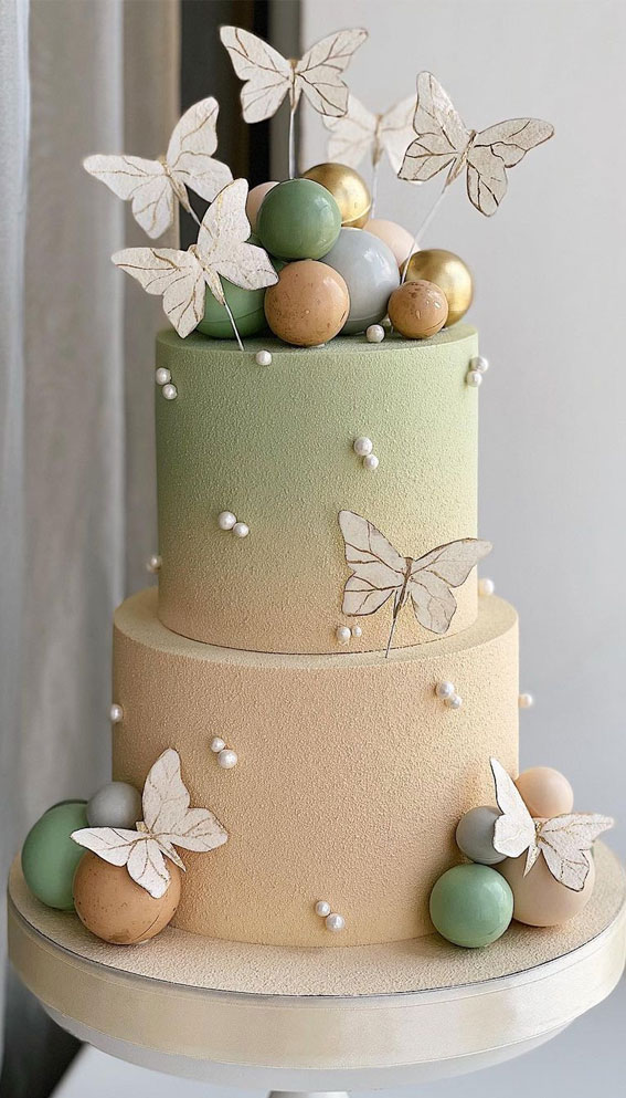 55+ Cute Cake Ideas For Your Next Party : Ombre Green & Nude Cake + Butterfly