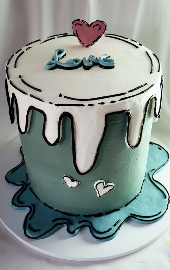 50+ Cute Comic Cake Ideas For Any Occasion : Blue Grey Comic Cake with Love Heart