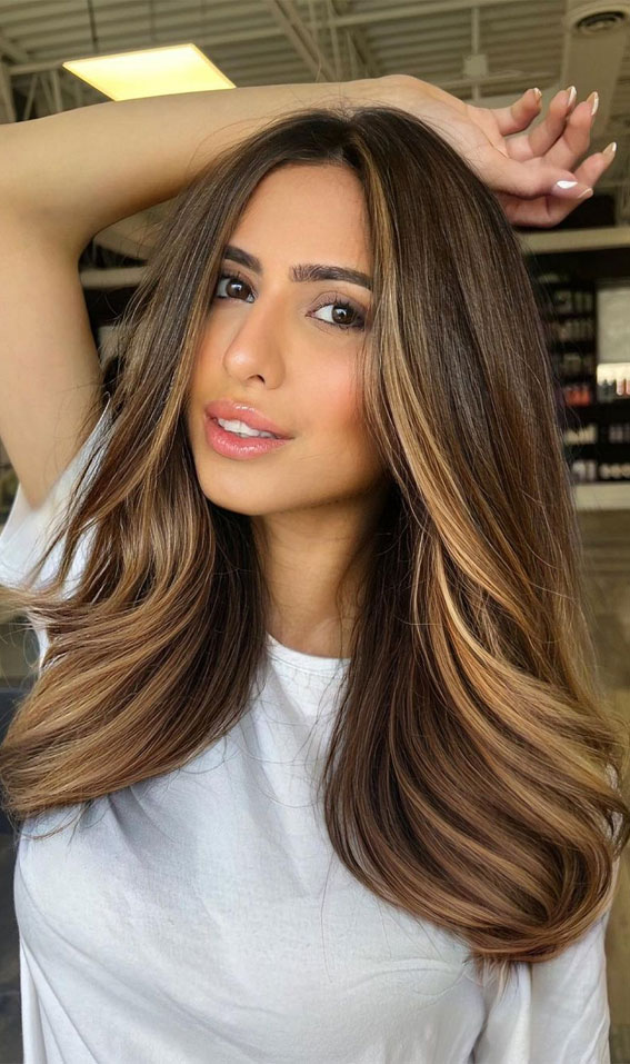 50+ Ways To Wear Spring’s Best Hair Colours : Brown Hair + Blonde Money Piece