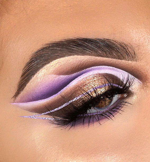 40+ Trendy Eyeshadow Looks : Gold + Purple Graphic Look