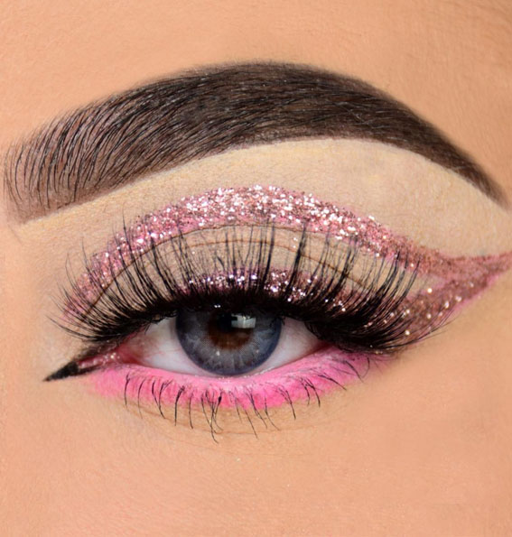 40+ Trendy Eyeshadow Looks : Glitter Pink Graphic Liner
