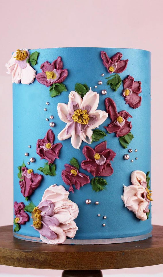 55+ Cute Cake Ideas For Your Next Party : Pink Floral Blue Cake