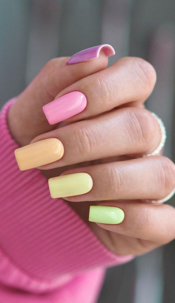 50+ Pretty Spring Colour Nail Ideas & Designs : Gradient Yellow + Pink Nails