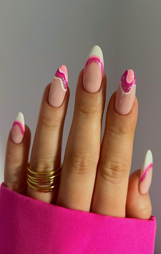 50+ Pretty Spring Colour Nail Ideas & Designs : Glittery Pink & White  Layered Tips