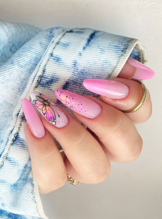 50+ Pretty Spring Colour Nail Ideas & Designs : Pink Butterfly Pink Nails