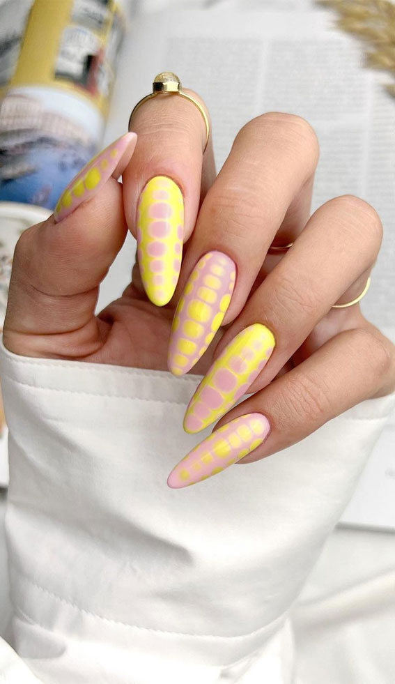 50+ Pretty Spring Colour Nail Ideas & Designs : Pastel Yellow + Nude Almond Nails