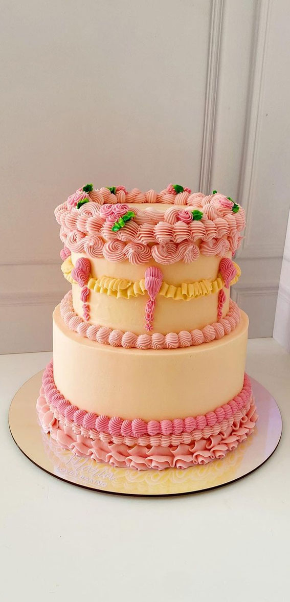 55+ Cute Cake Ideas For Your Next Party : Pink & Yellow Buttercream Two-Tiered Cake