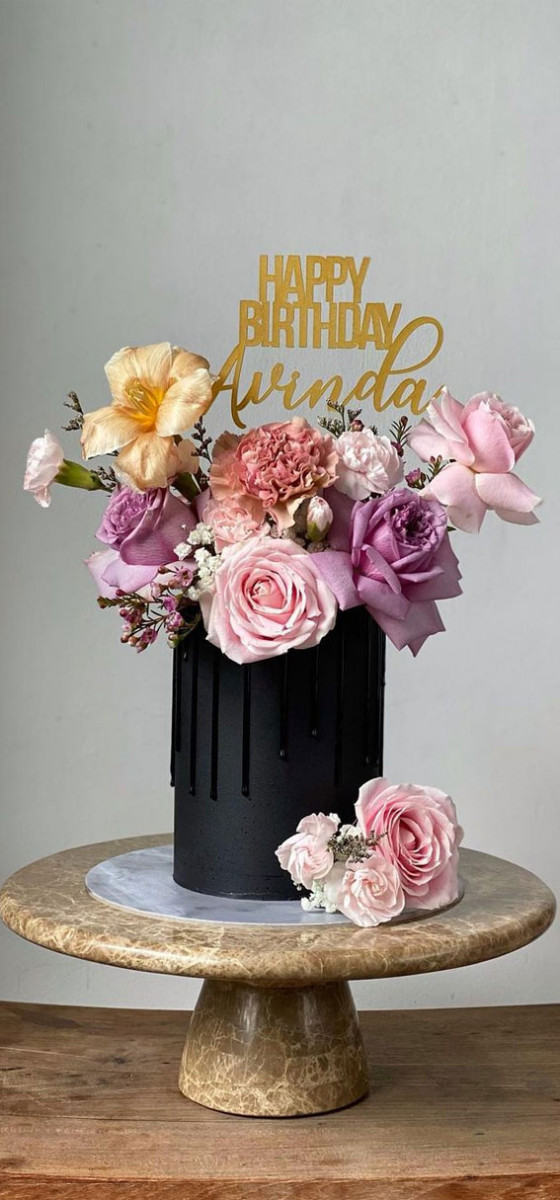 55+ Cute Cake Ideas For Your Next Party : Black Cake Topped with Floral