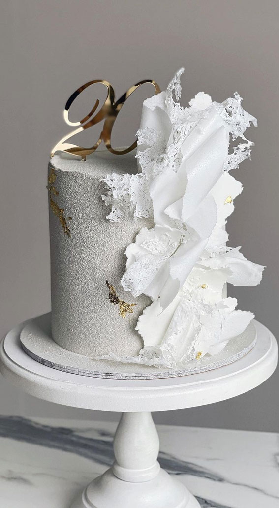 55+ Cute Cake Ideas For Your Next Party : Textured White Cake with Gold Accents