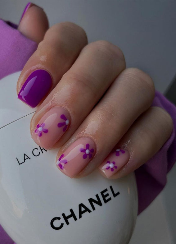 50+ Pretty Spring Colour Nail Ideas & Designs : Purple Flower Natural Nails