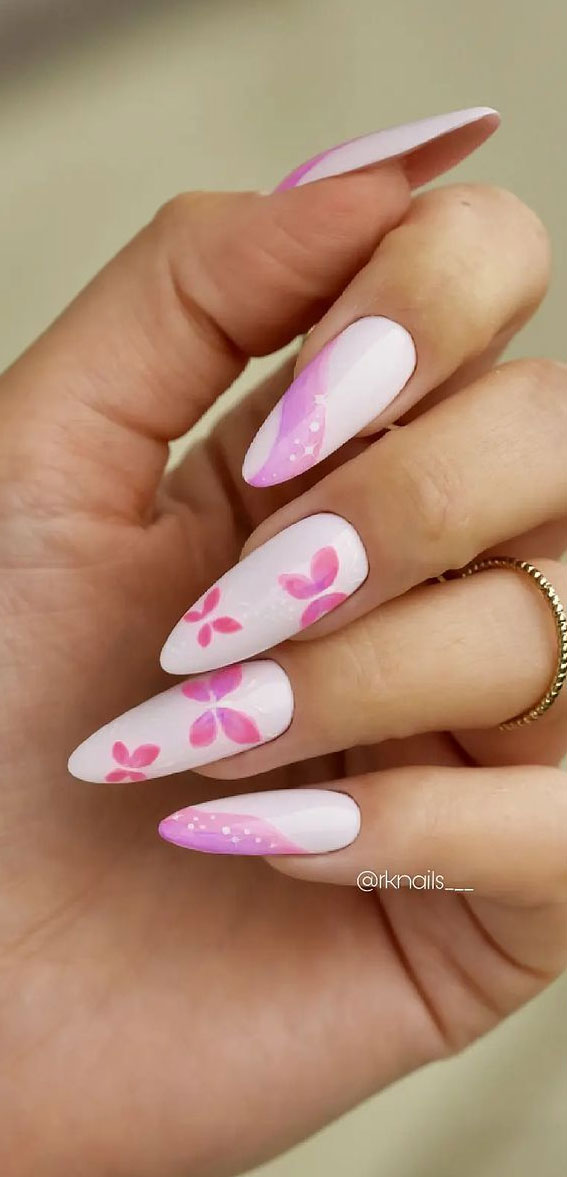 pink butterfly nails, french nails, spring nails, nail art designs, almond nails, nail colour ideas, nail ideas 2023, short nail designs