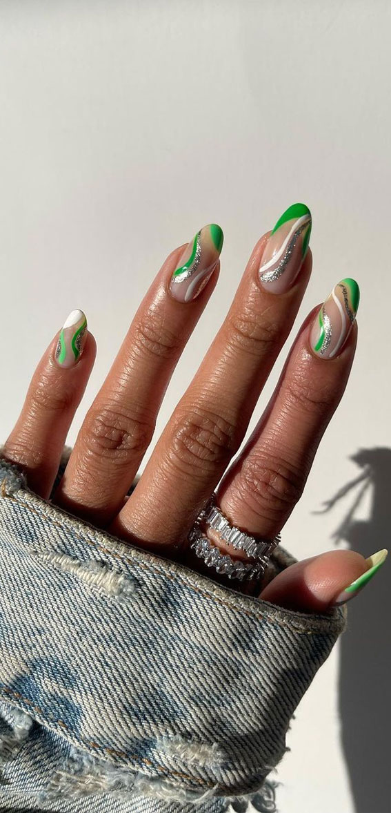 green swirl nails, french nails, spring nails, nail art designs, almond nails, nail colour ideas, nail ideas 2023, short nail designs